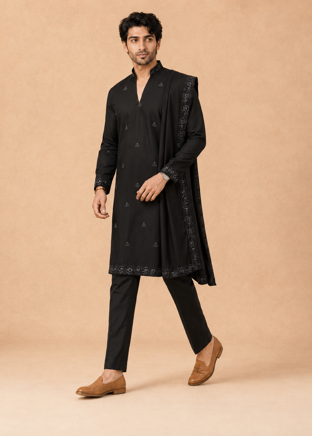 Men Black Embroidered Kurta Trouser Set with Draped Stole