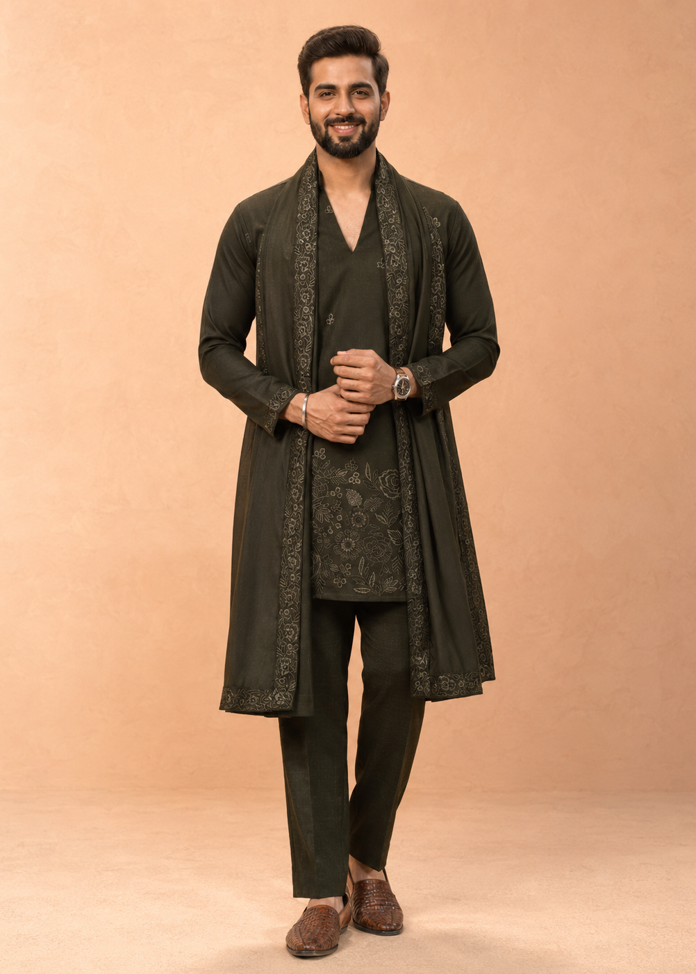 Men Olive Embroidered Kurta Trouser Set with Draped Dupatta