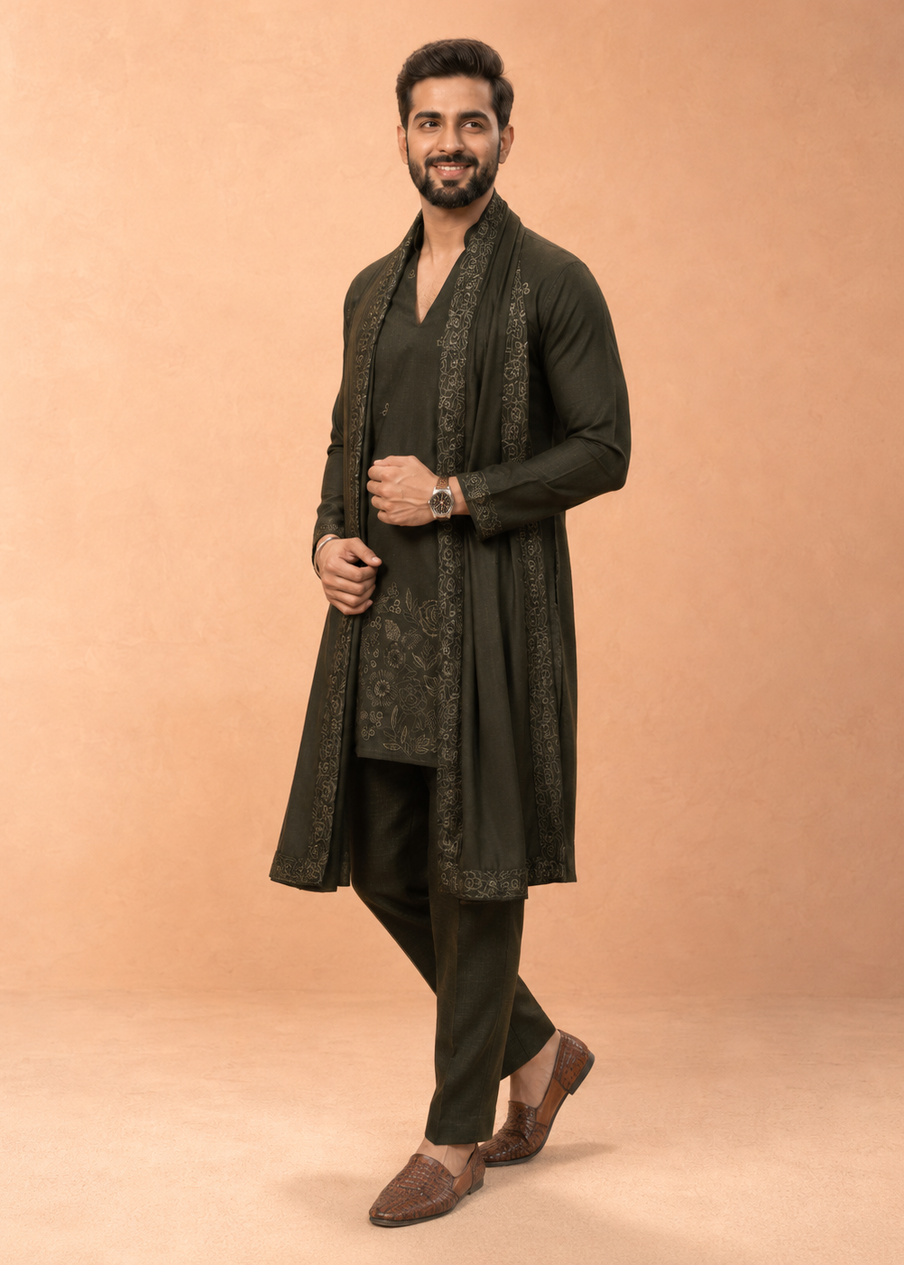 Men Olive Embroidered Kurta Trouser Set with Draped Dupatta