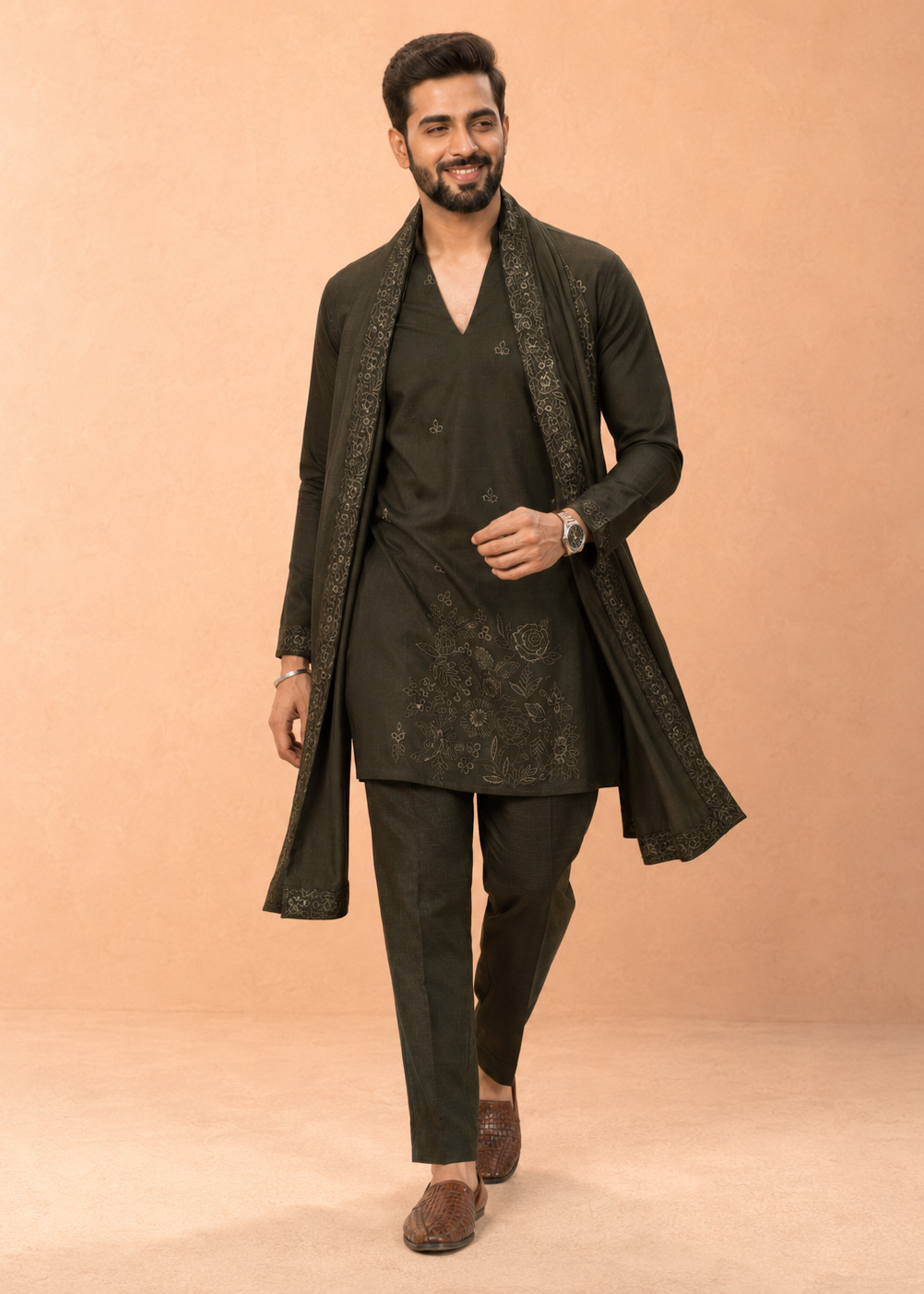Men Olive Embroidered Kurta Trouser Set with Draped Dupatta