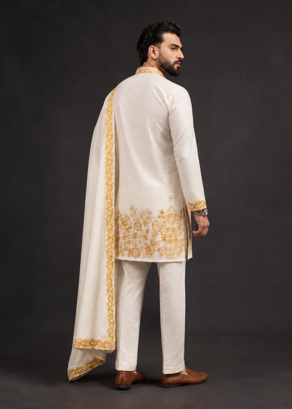 White Regal Gold Embroidered Kurta Trouser Set with Draped Dupatta
