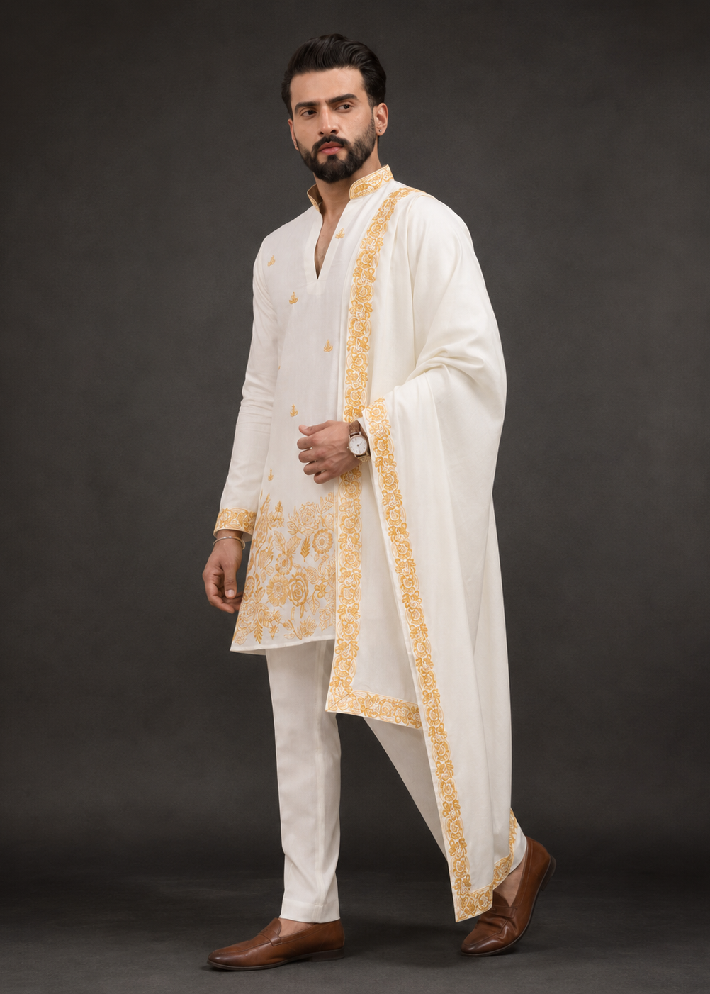 White Regal Gold Embroidered Kurta Trouser Set with Draped Dupatta