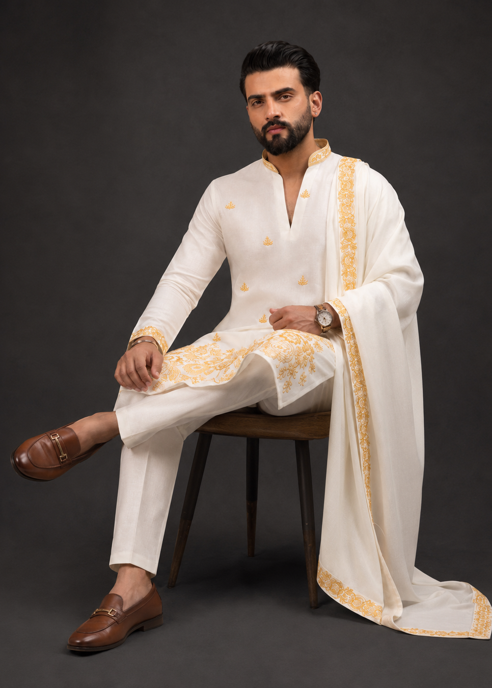 White Regal Gold Embroidered Kurta Trouser Set with Draped Dupatta