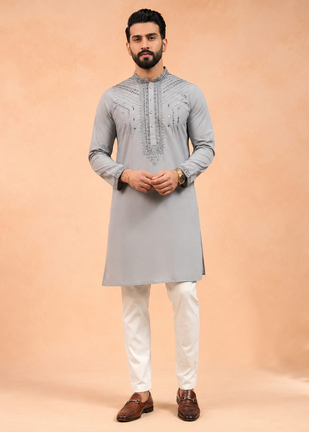Men Grey Mirror Embroidered Men’s Kurta Trouser Set