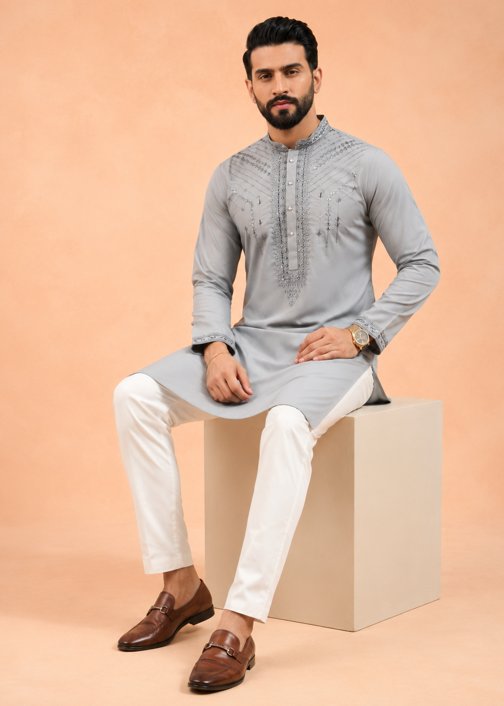Men Grey Mirror Embroidered Men’s Kurta Trouser Set