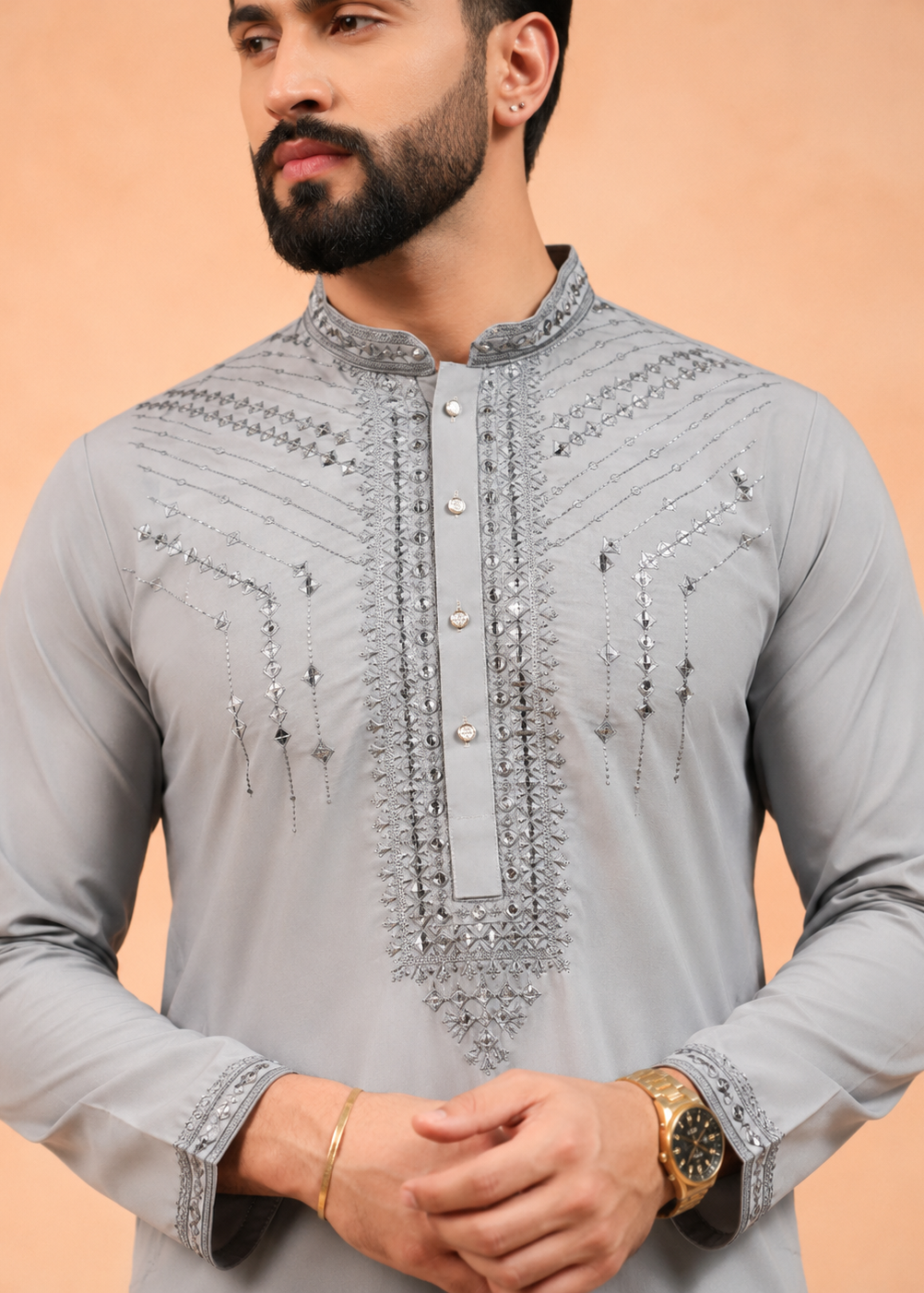 Men Grey Mirror Embroidered Men’s Kurta Trouser Set
