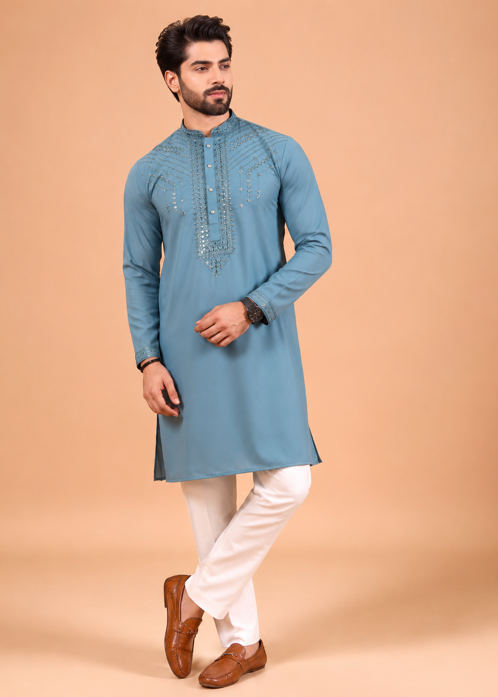 Men Blue Mirror Work Embroidered Kurta Trouser Set