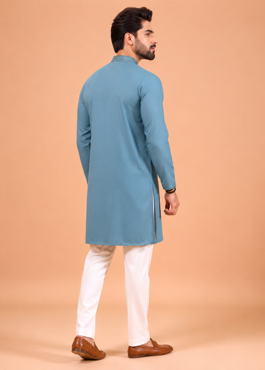 Men Blue Mirror Work Embroidered Kurta Trouser Set