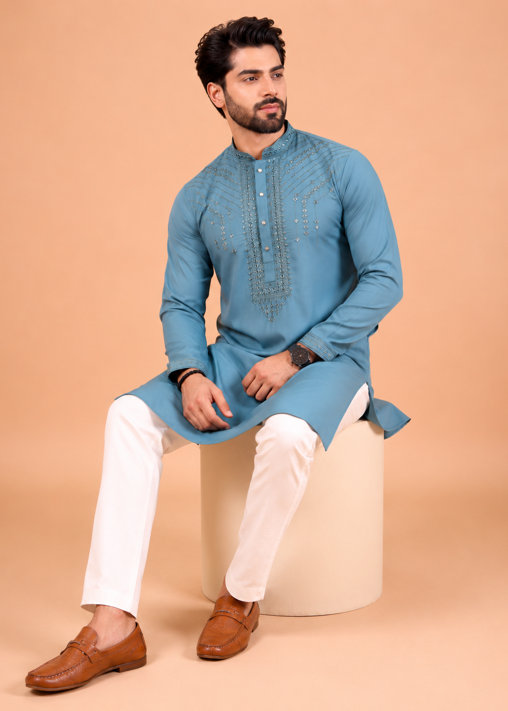 Men Blue Mirror Work Embroidered Kurta Trouser Set