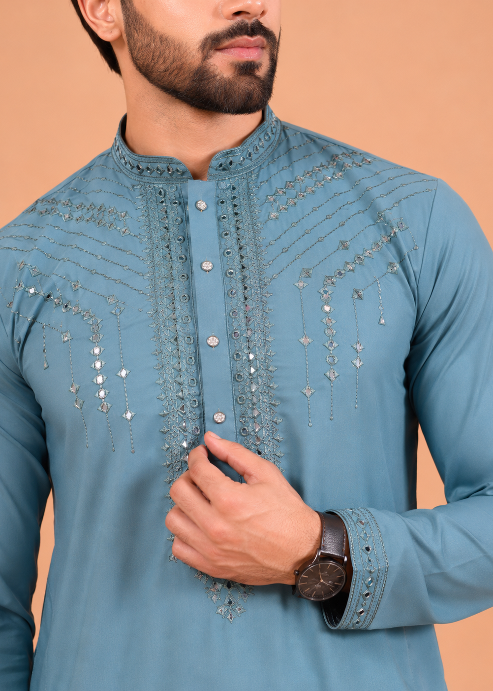 Men Blue Mirror Work Embroidered Kurta Trouser Set