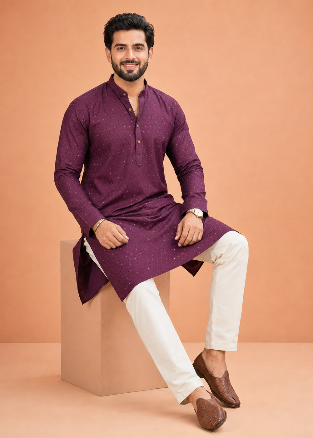Men Purple Embellished Kurta Pant Set
