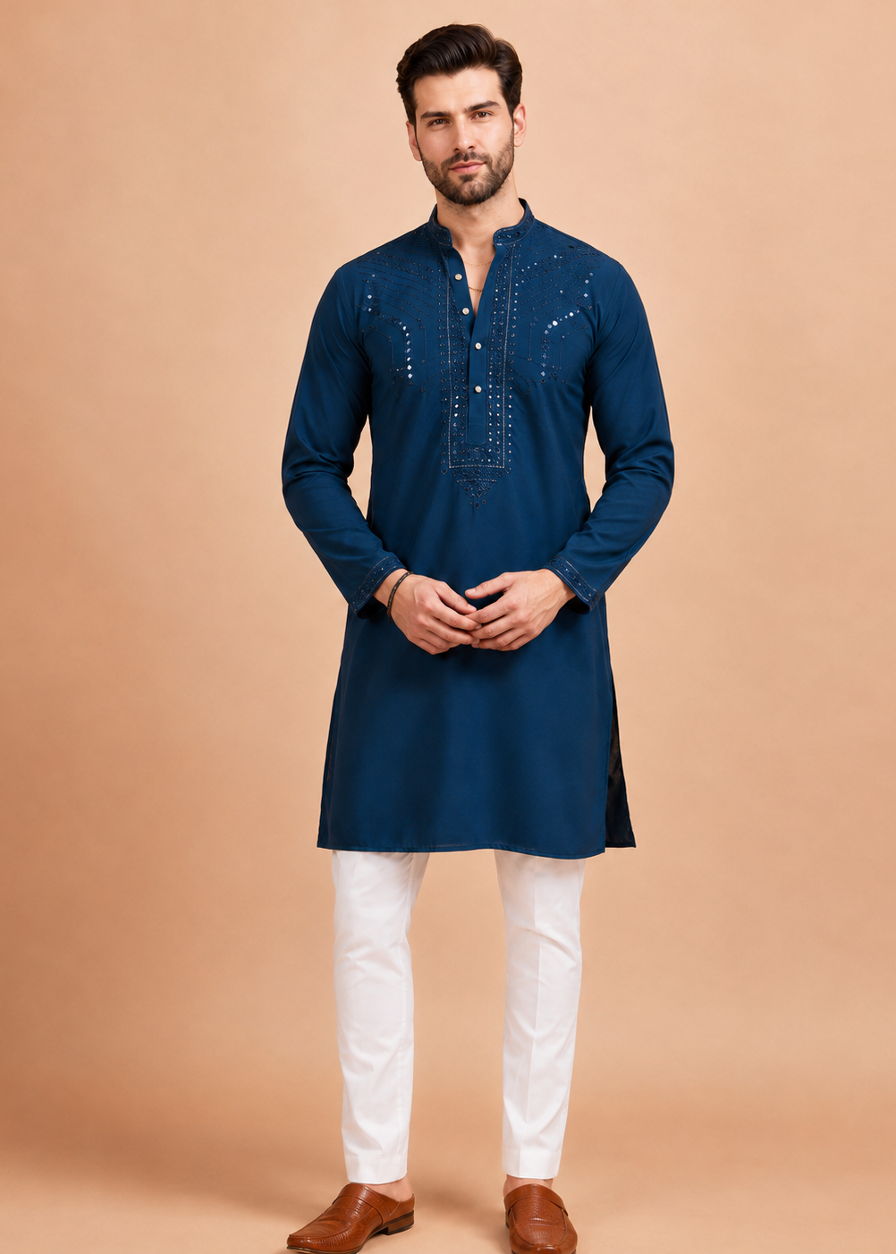 Men Teal Embellished Kurta Trouser Set