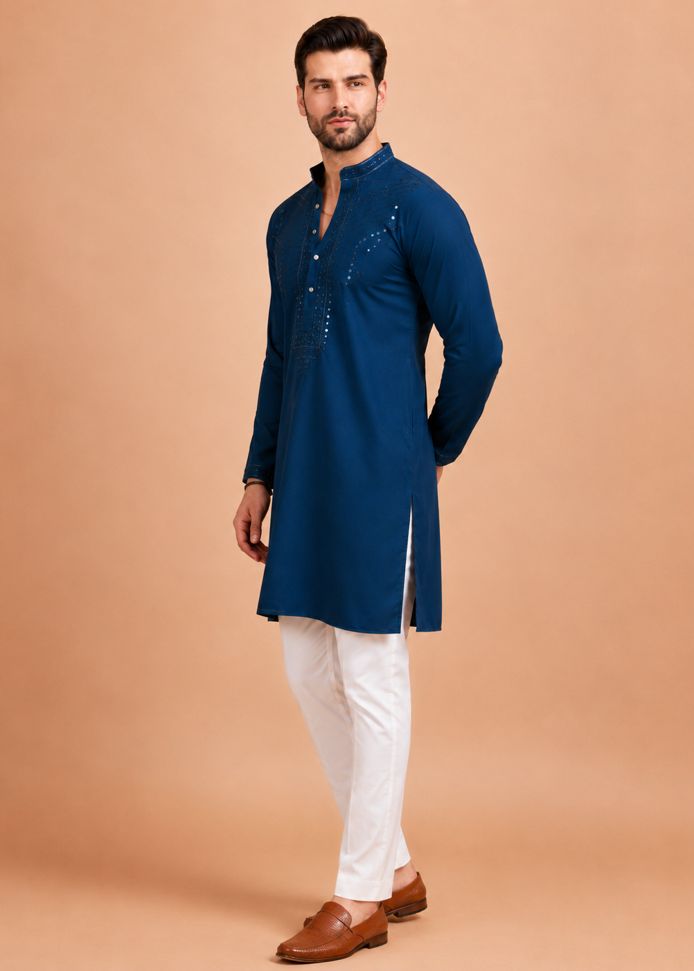 Men Teal Embellished Kurta Trouser Set