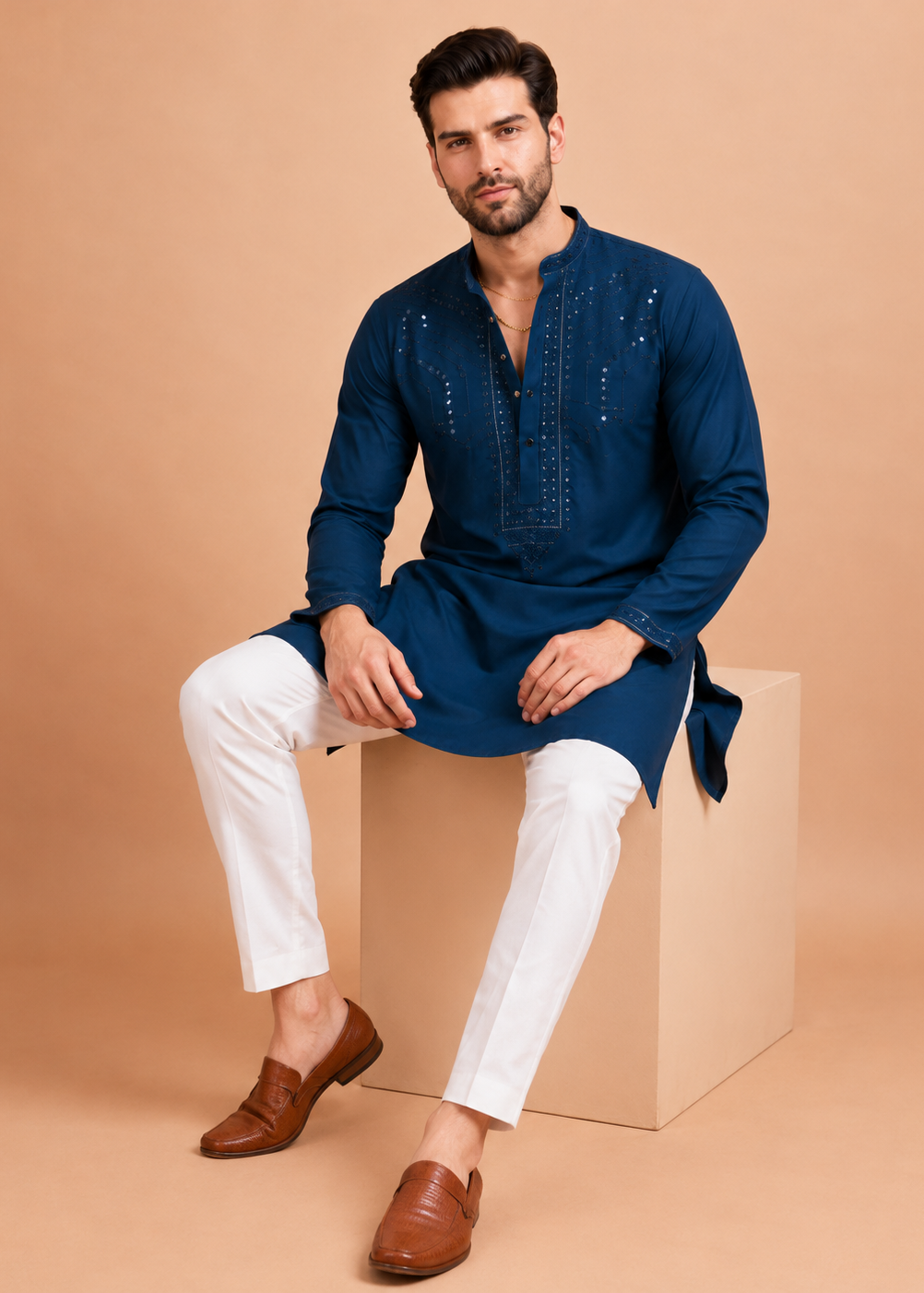 Men Teal Embellished Kurta Trouser Set