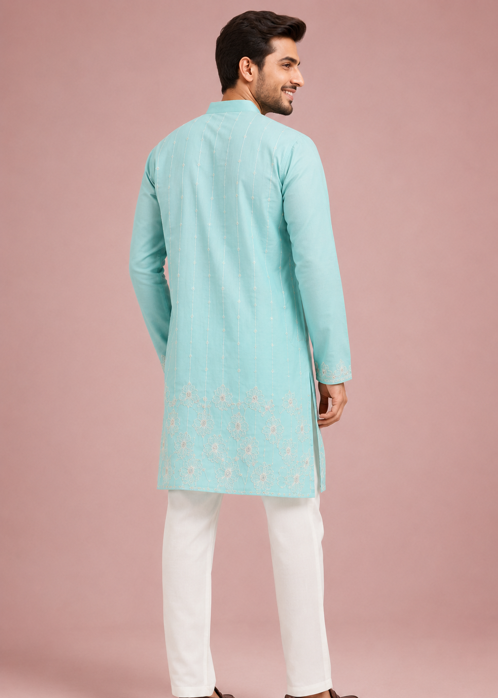 Blue Embroidered Men’s Kurta Set with White Trousers