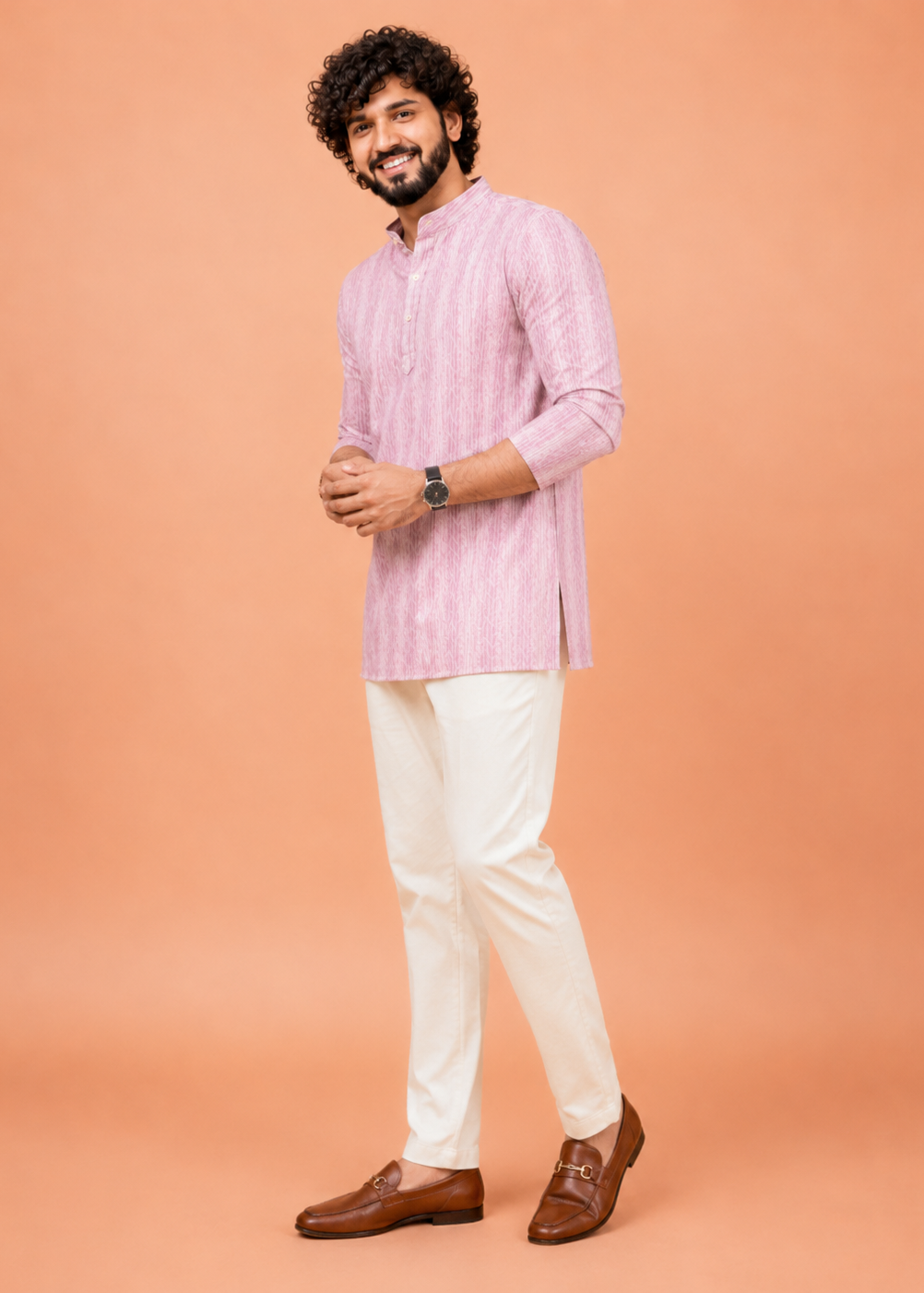 Men Pink Printed Short Kurta