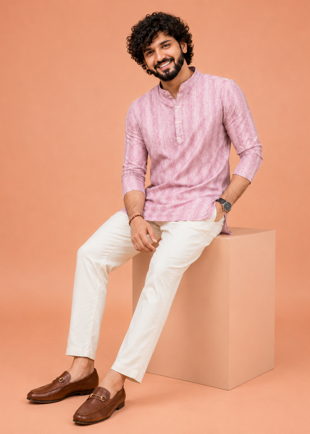 Men Pink Printed Short Kurta