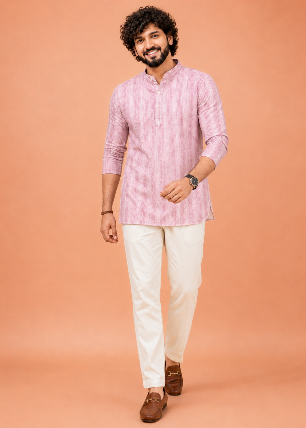 Men Pink Printed Short Kurta