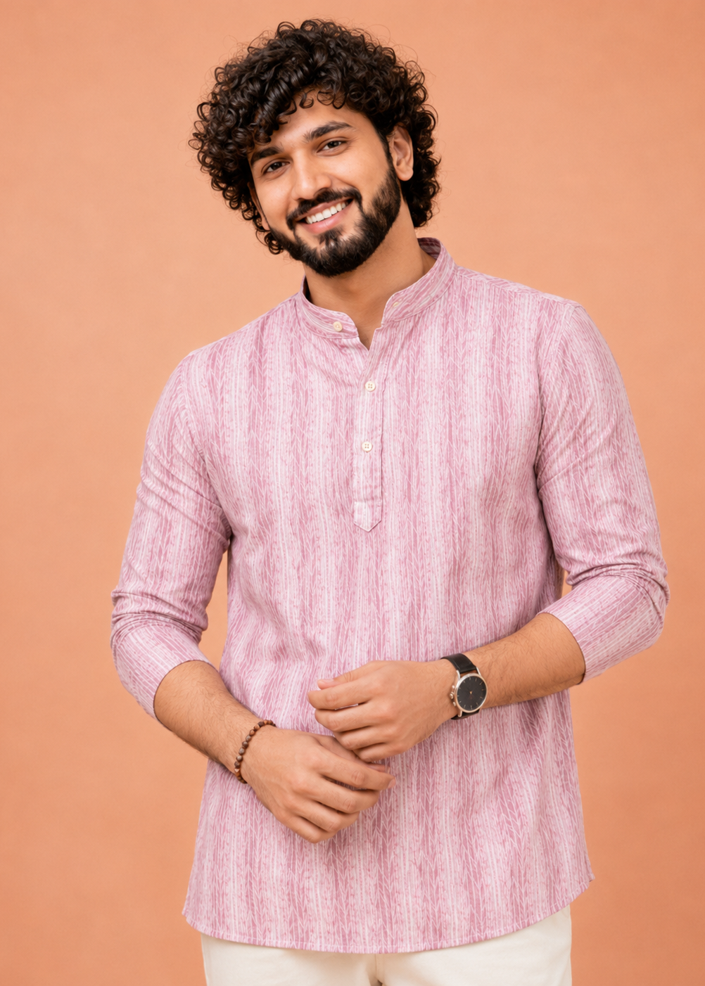 Men Pink Printed Short Kurta