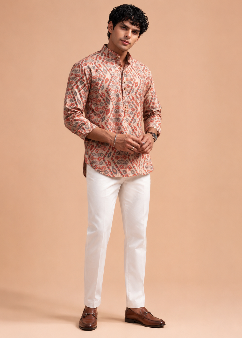 Beige Geometric Printed Short Kurta