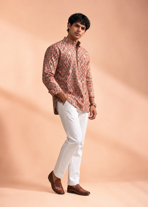 Beige Geometric Printed Short Kurta