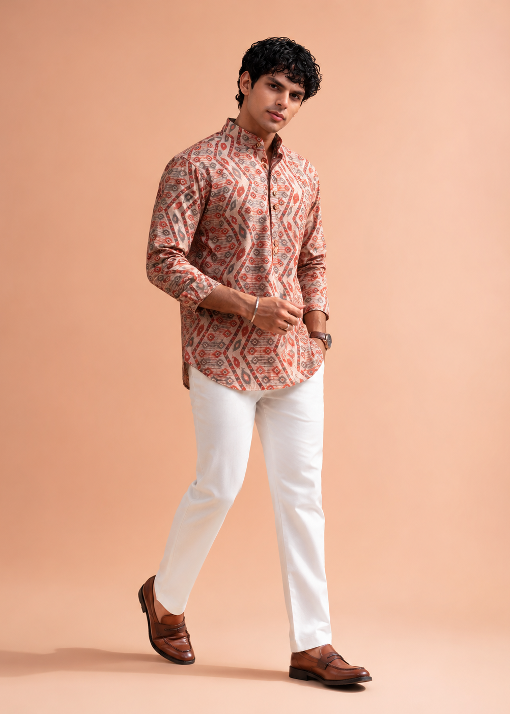 Beige Geometric Printed Short Kurta