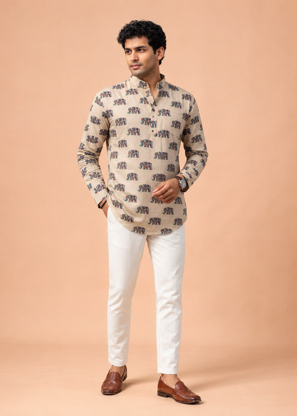 Elephant Print Men’s Short Kurta