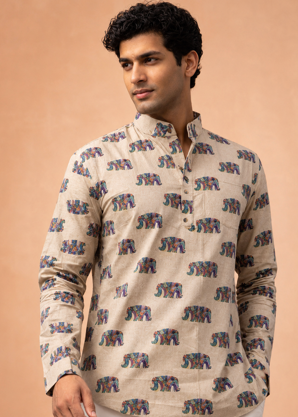 Elephant Print Men’s Short Kurta