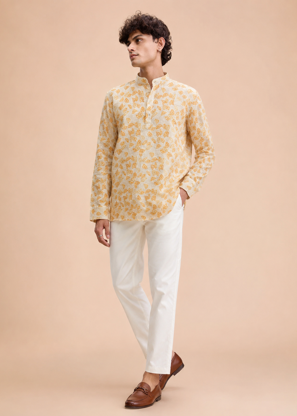 Cream Yellow Leaf Printed Short Kurta