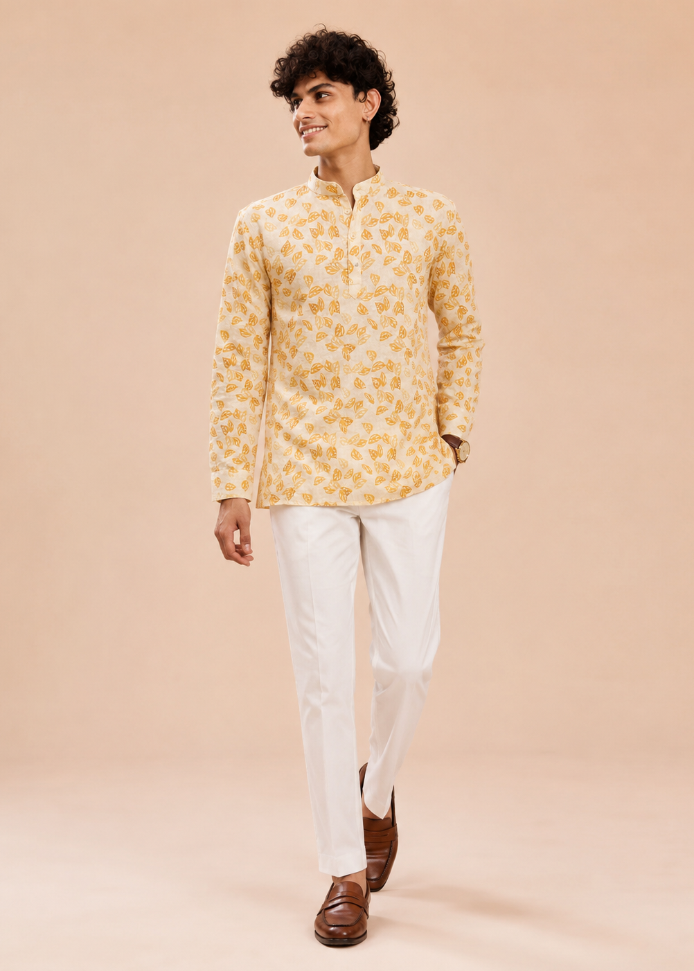 Cream Yellow Leaf Printed Short Kurta