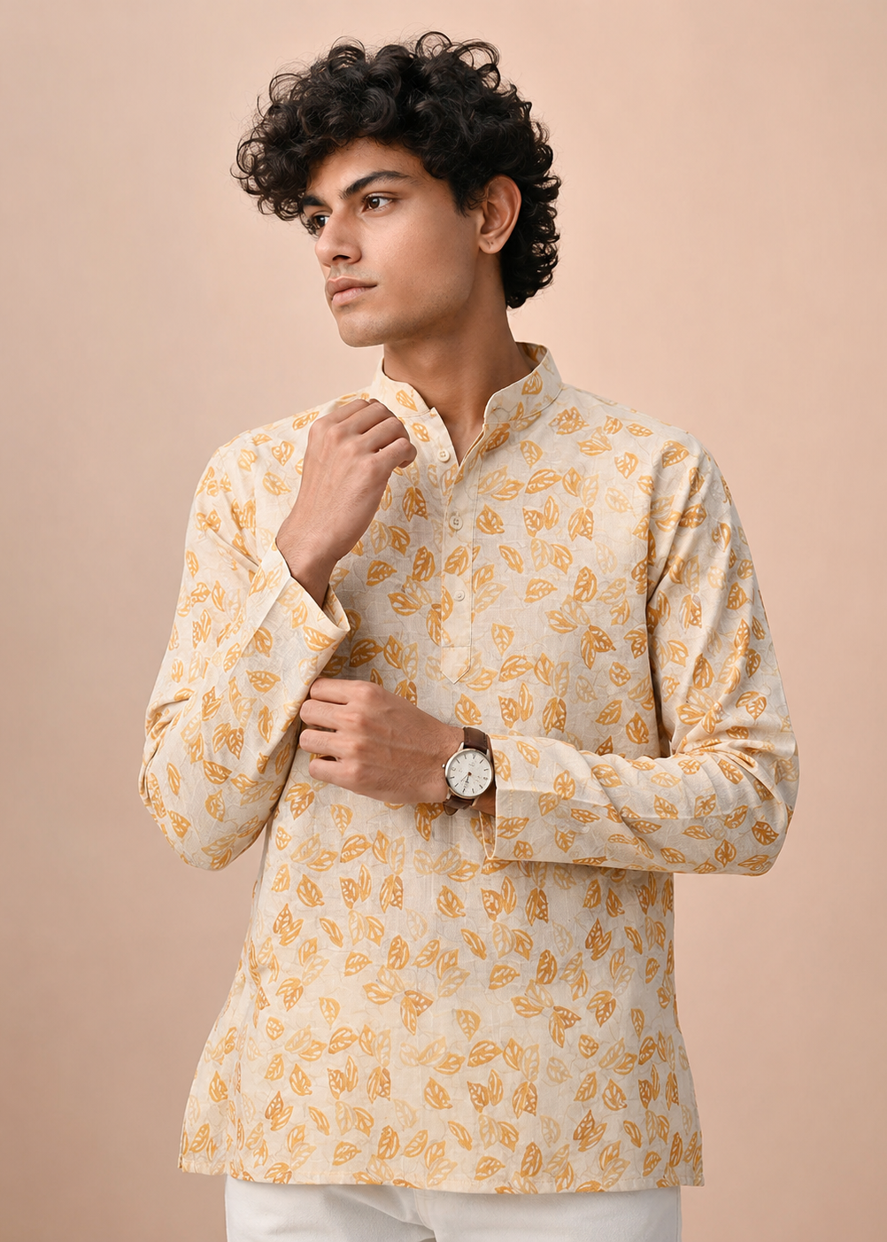 Cream Yellow Leaf Printed Short Kurta