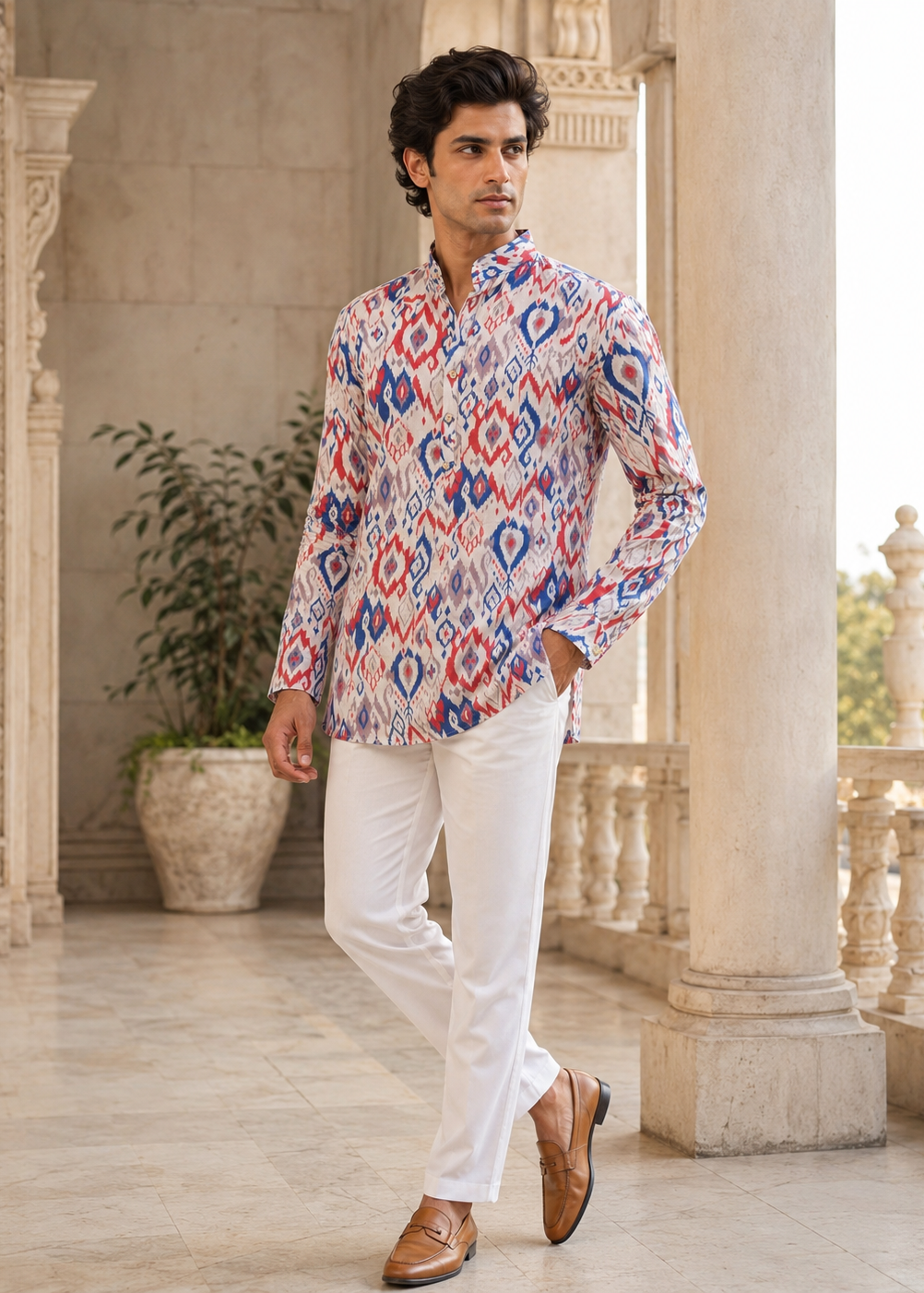 White Multicolor Ikat Printed Short Kurta