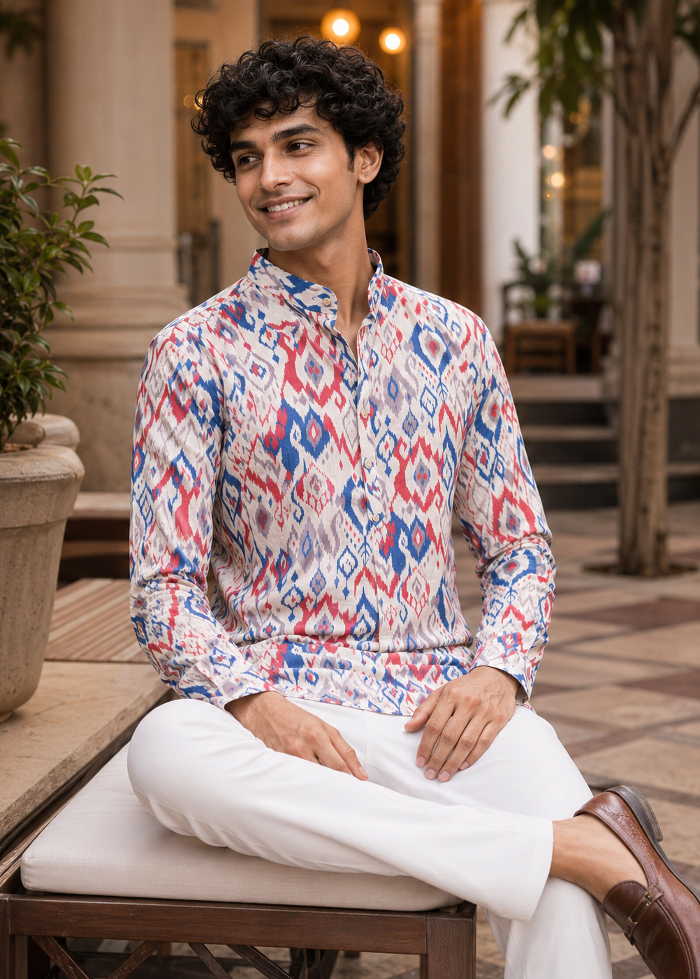 White Multicolor Ikat Printed Short Kurta
