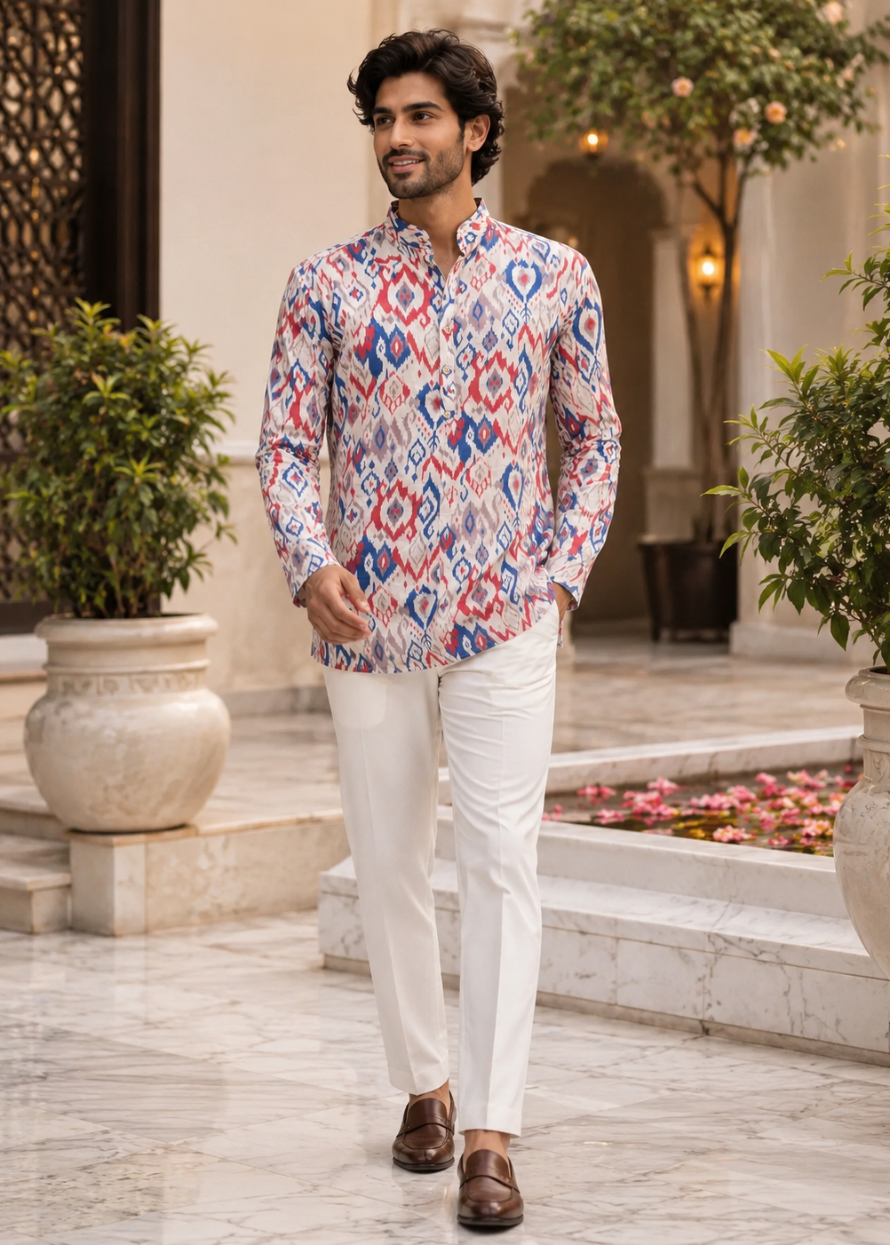 White Multicolor Ikat Printed Short Kurta