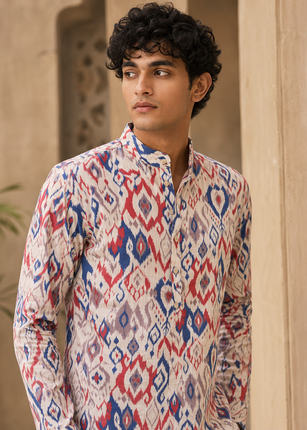 White Multicolor Ikat Printed Short Kurta