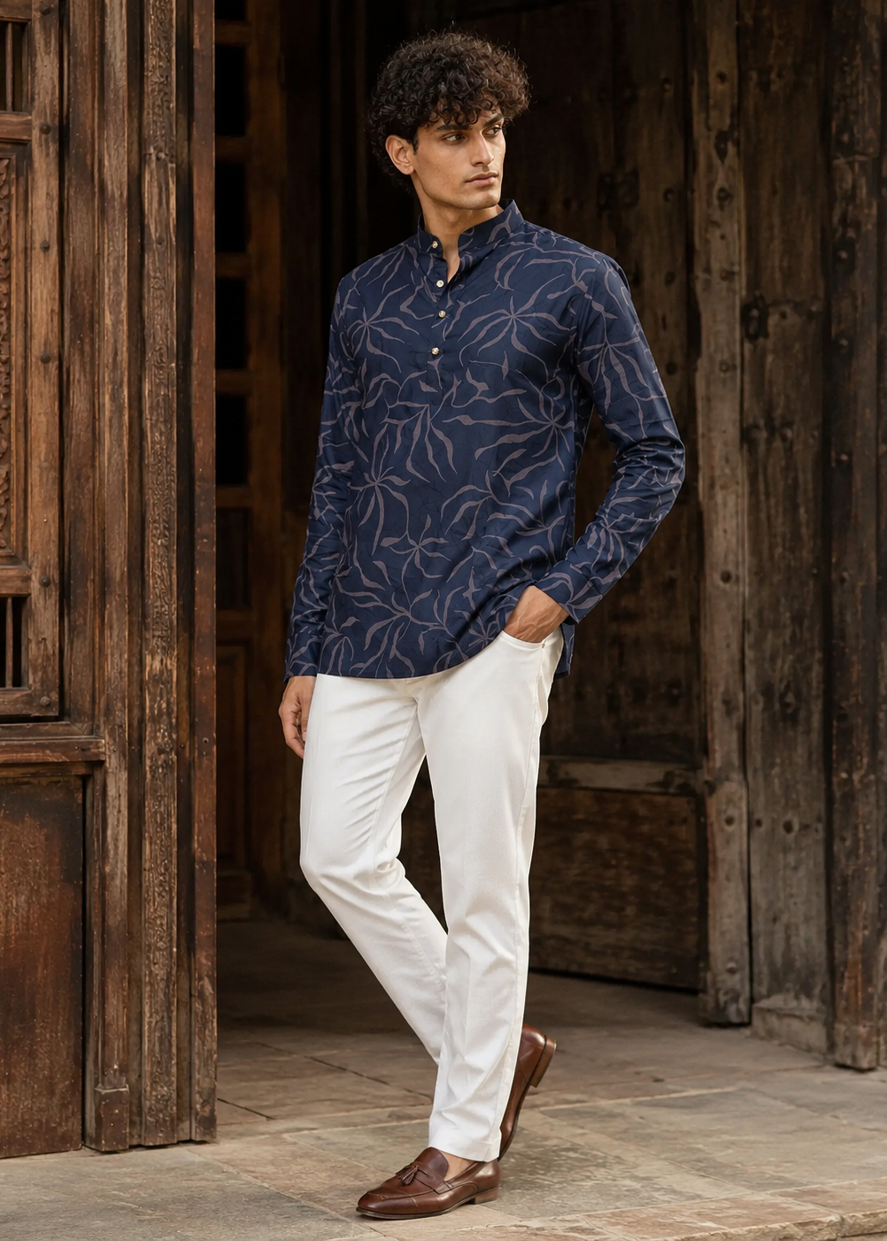 Navy Blue Floral Printed Short Kurta