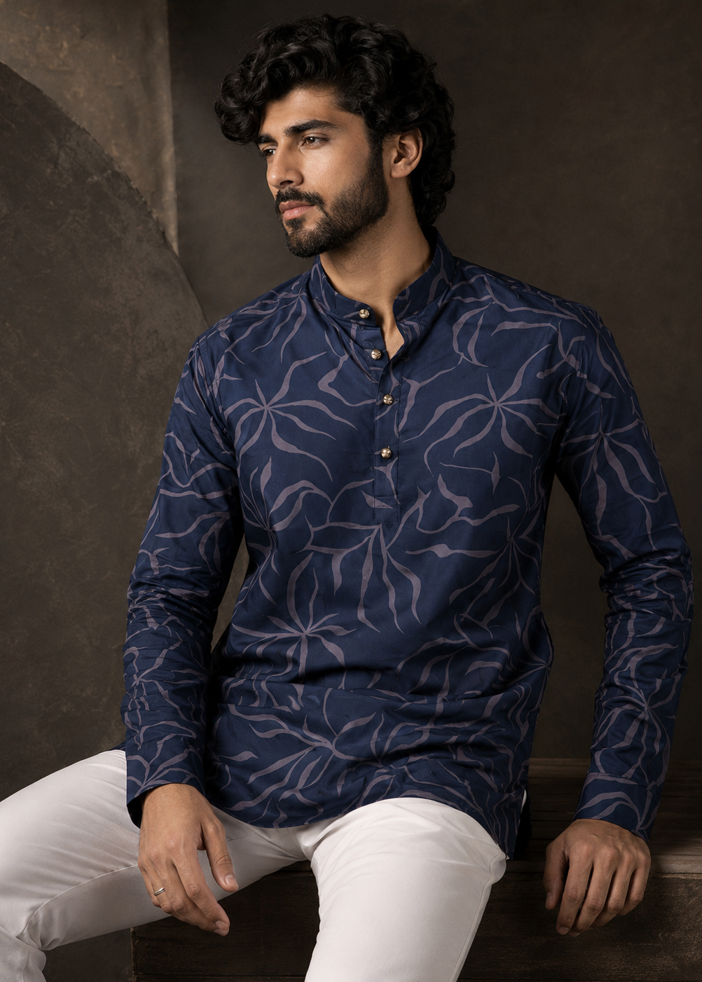 Navy Blue Floral Printed Short Kurta