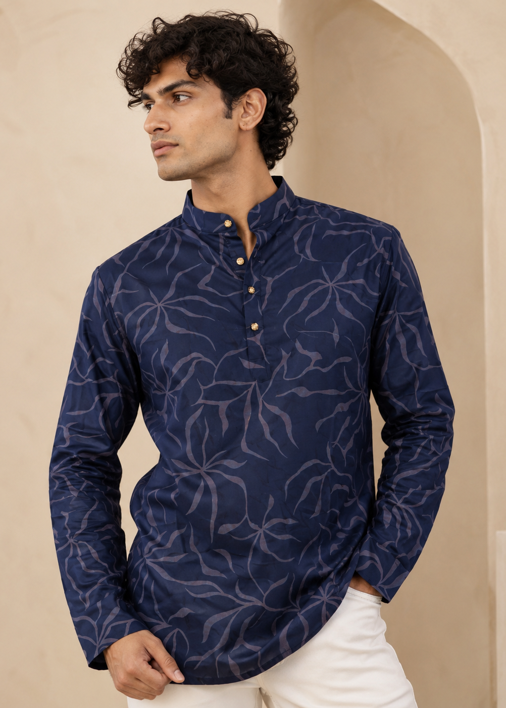 Navy Blue Floral Printed Short Kurta