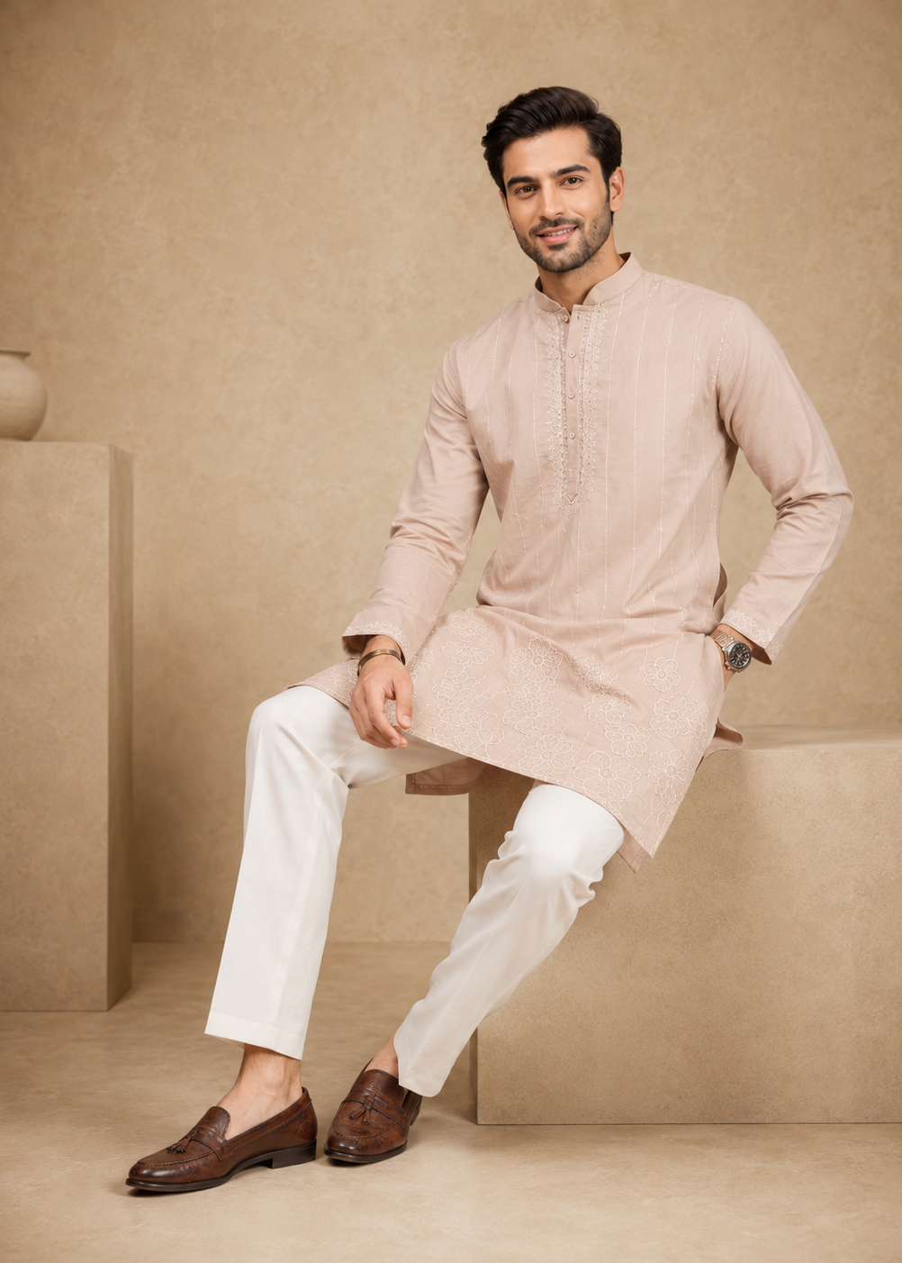Men Beige Embroidered Kurta Set with White Trousers