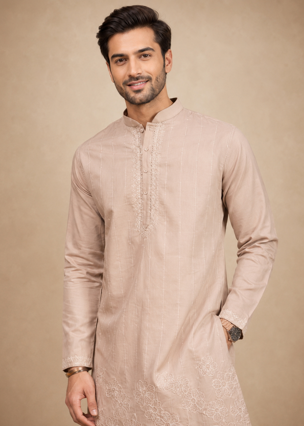 Men Beige Embroidered Kurta Set with White Trousers