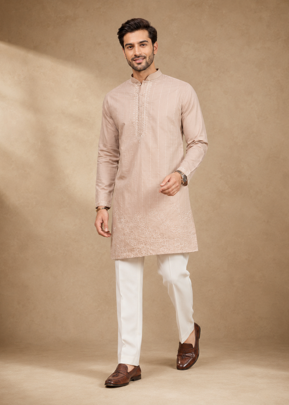 Men Beige Embroidered Kurta Set with White Trousers
