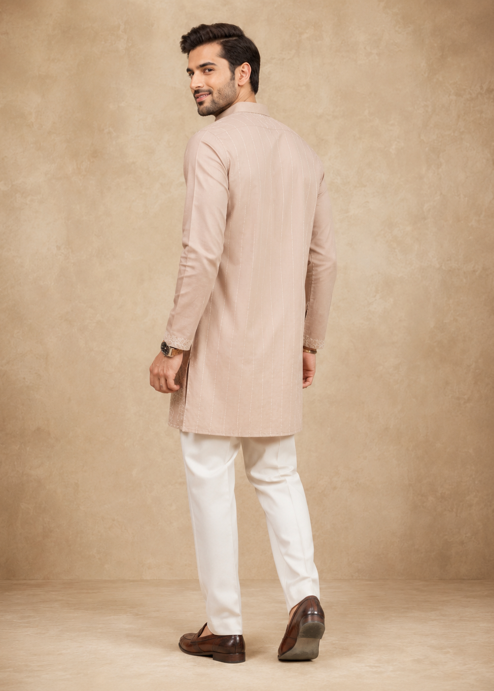 Men Beige Embroidered Kurta Set with White Trousers