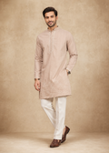 Men Beige Embroidered Kurta Set with White Trousers