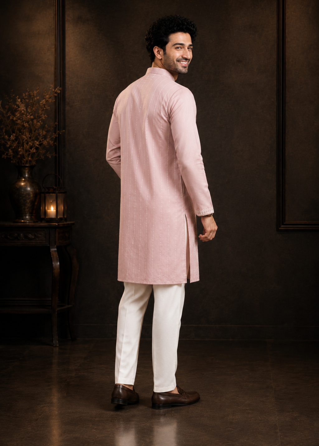 Men Blush Pink Embroidered Kurta Set with White Trouser