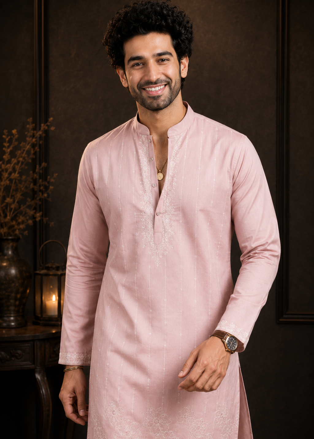 Men Blush Pink Embroidered Kurta Set with White Trouser
