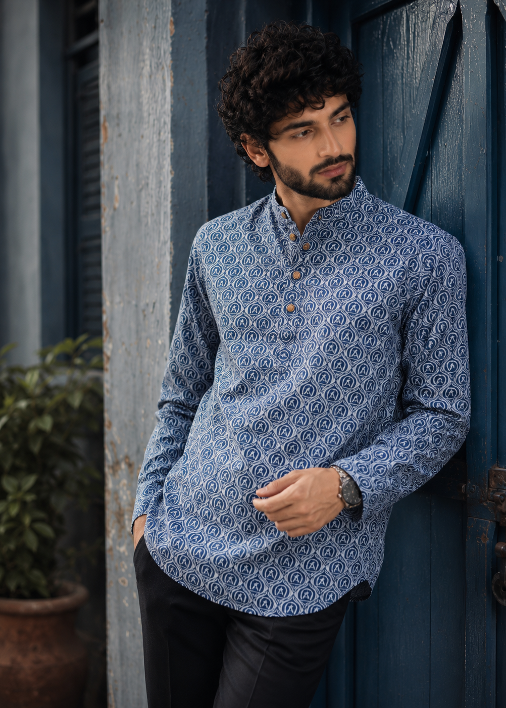 Men Blue Printed Short Kurta