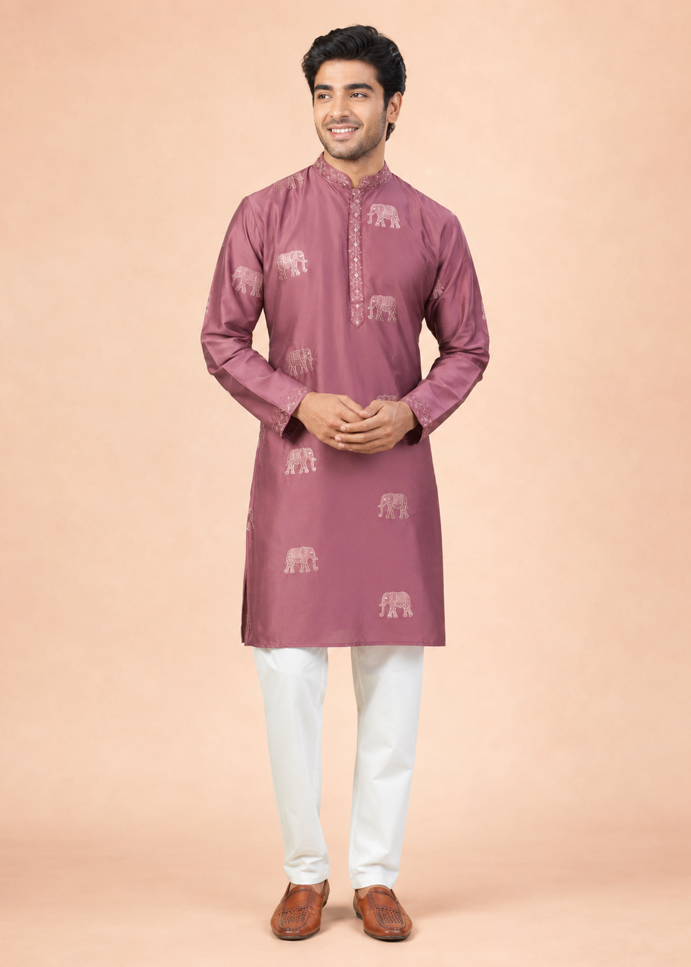 Mauve Pink Elephant Print Kurta Trousers Set
