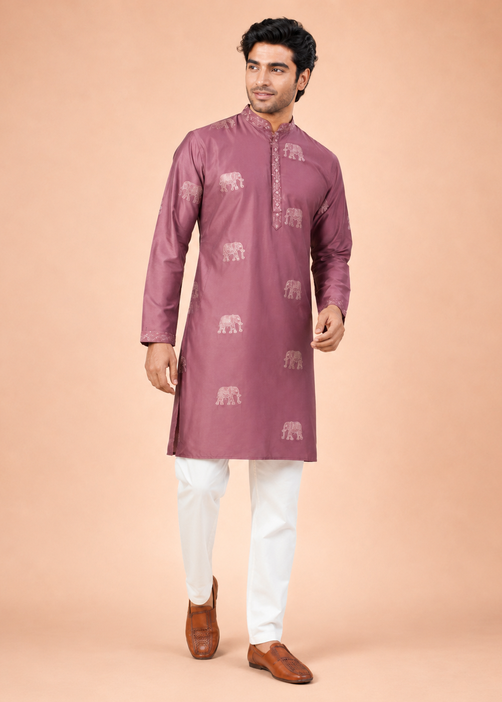 Mauve Pink Elephant Print Kurta Trousers Set