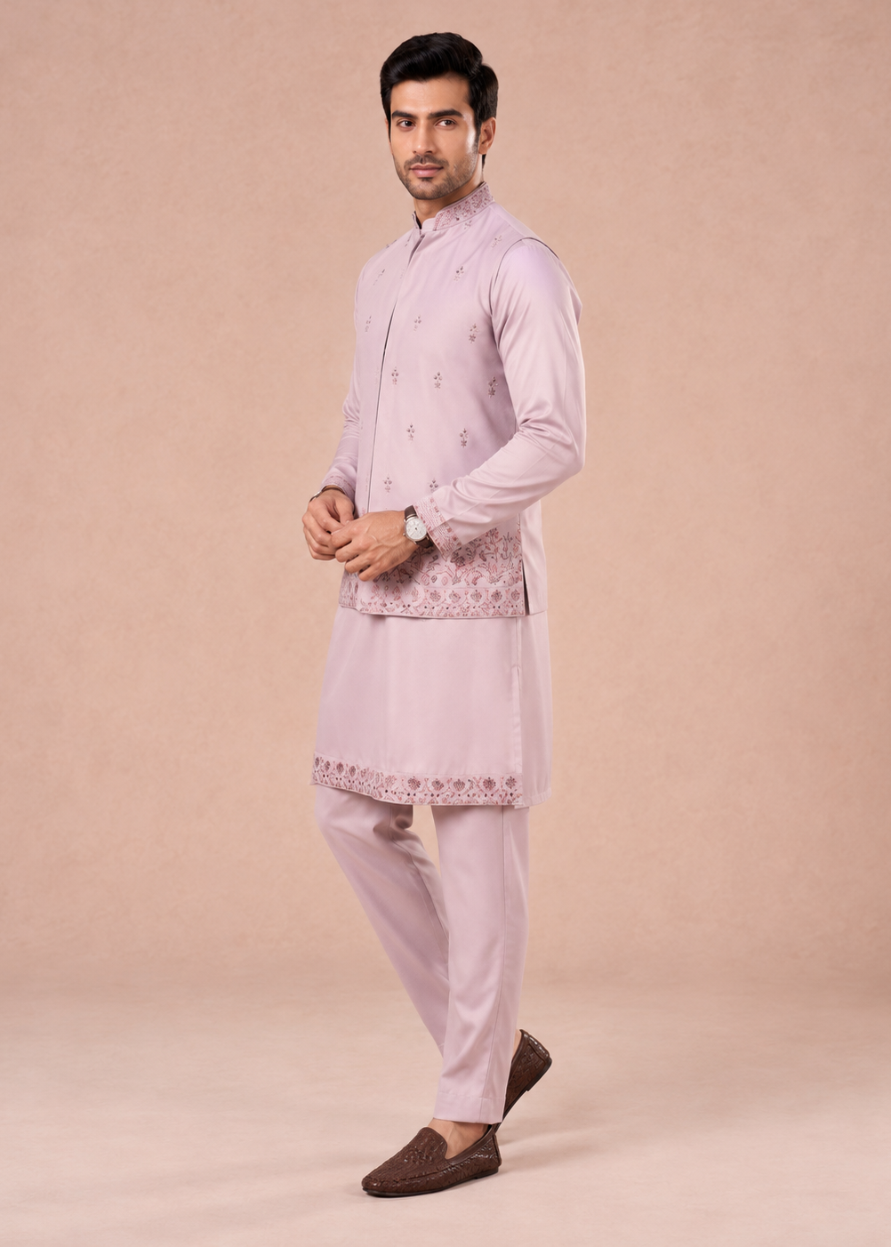 Pink Embroidered Kurta Jacket Trouser Set