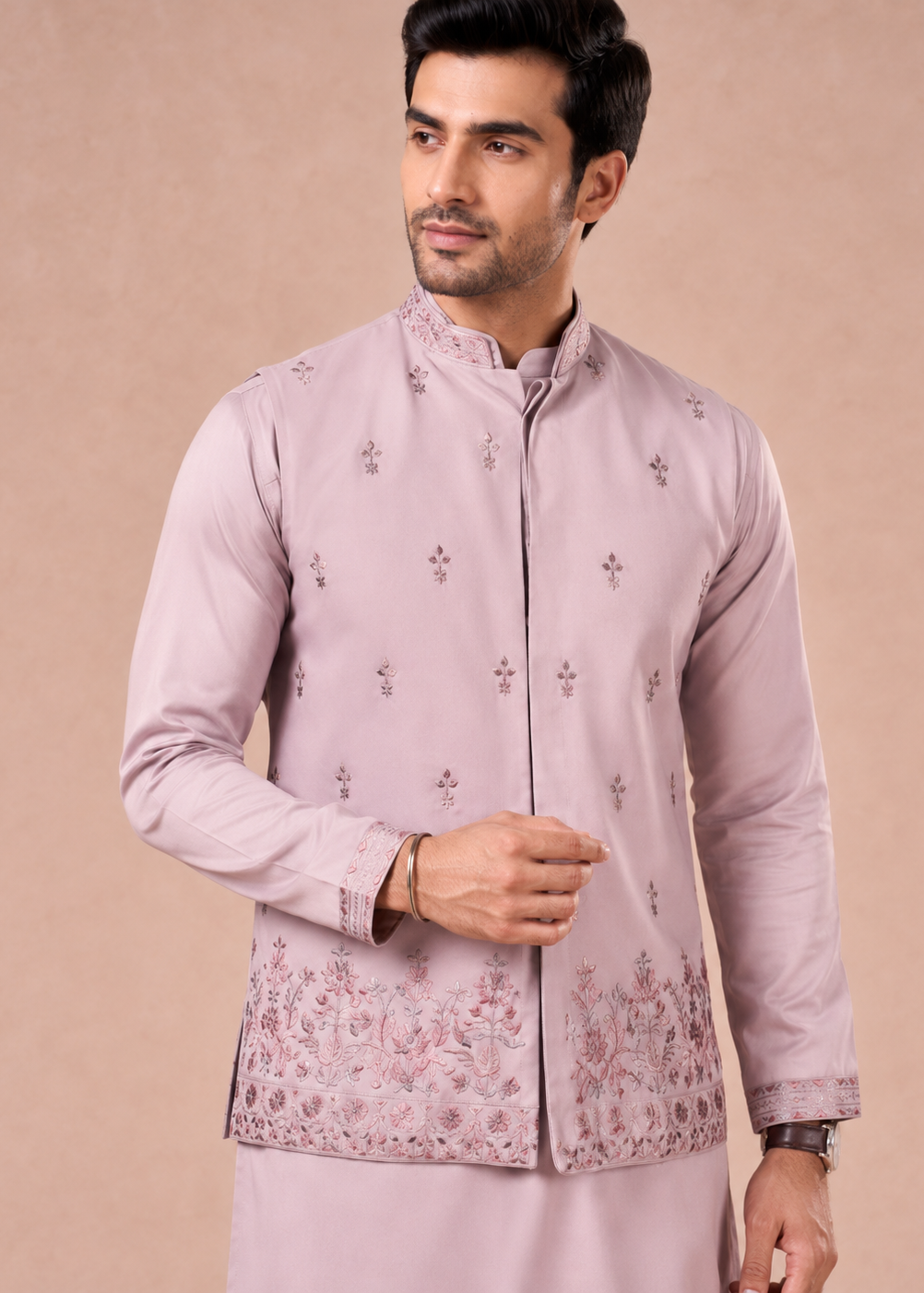 Pink Embroidered Kurta Jacket Trouser Set
